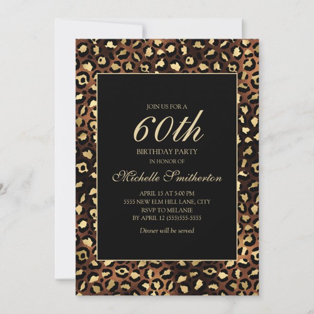 Invitación Fiesta de cumpleaños 60 de Bronce Dorado Leopardo  (Anverso)