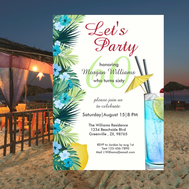 Invitación Fiesta de cumpleaños 60 de Cocktail Azul Verano Tr (Subido por el creador)