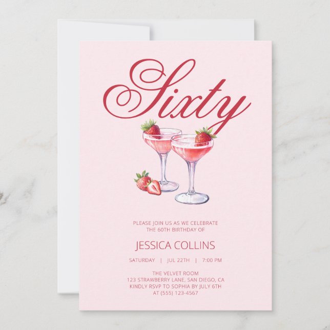 Invitación Fiesta de cumpleaños 60 de Cocktail de Fresa Sesen (Anverso)