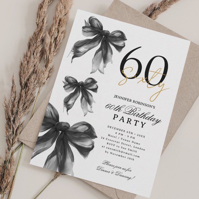 Invitación Fiesta de Cumpleaños 60 de Coquette de Acuarela Ne (Black Watercolor Coquette Bow 60th Birthday Party Invitation)