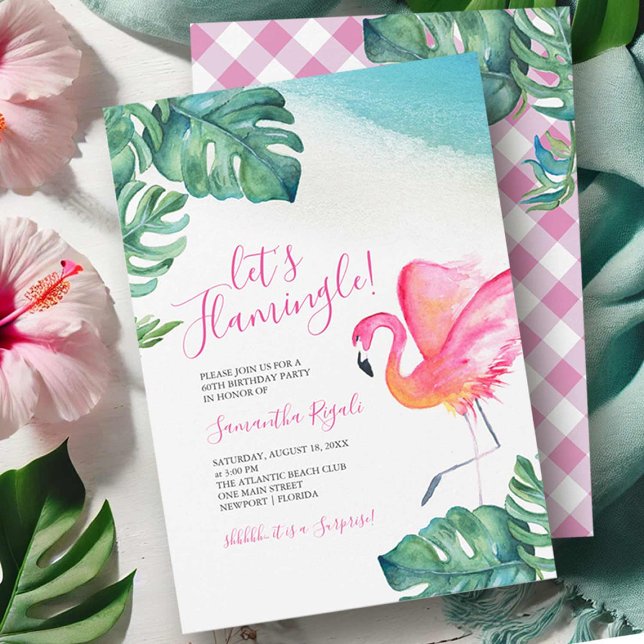 Invitación Fiesta de Cumpleaños 60 de Flamingo Hojas Tropical (Birthday invitations tropical pink flamingo and gingham by Victoria Grigaliunas of Do Tell A Belle)