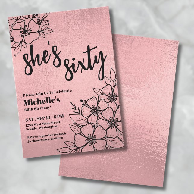 Invitación Fiesta de Cumpleaños 60 de Floral Rosa Dorado (Rose Gold Pink Floral 60th Birthday Party Invitation)