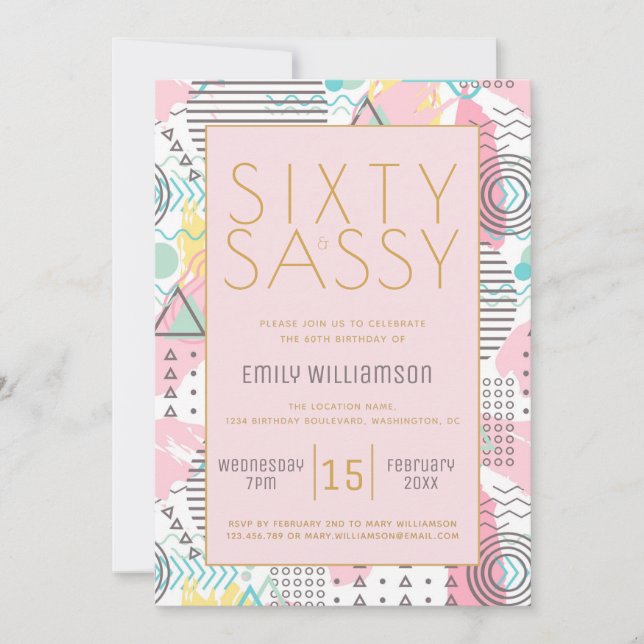 Invitación Fiesta de cumpleaños 60 de la Retro Rosa Sesenta y (Anverso)