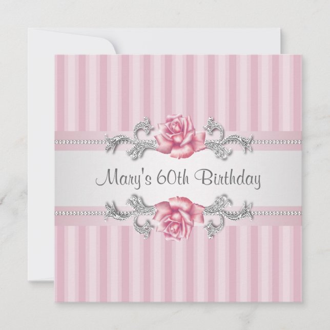 Invitación Fiesta de cumpleaños 60 de mujer con rosa rosa (Anverso)