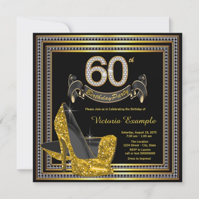 Invitación Fiesta de Cumpleaños 60 de Mujer con Zapatos de Ta (Anverso)