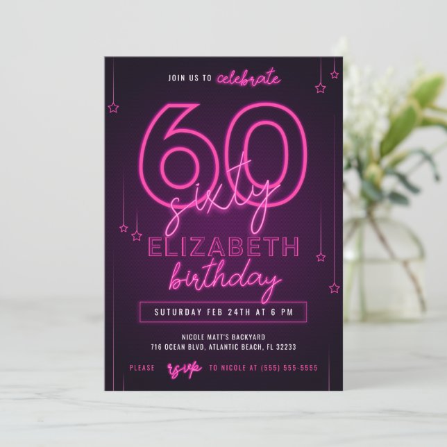 Invitación Fiesta de cumpleaños 60 de Neon Rosa (Anverso de pie)