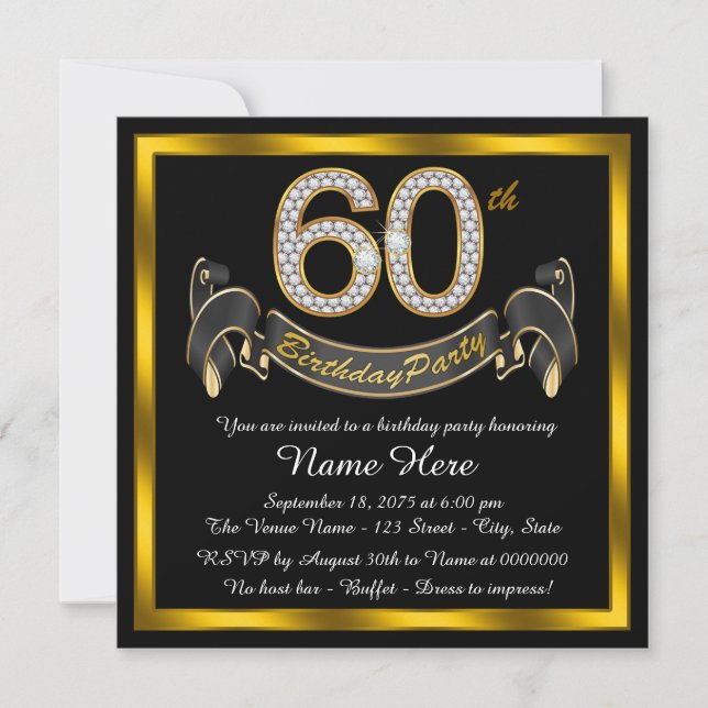 Invitación Fiesta de cumpleaños 60 de Oro Negro (Anverso)