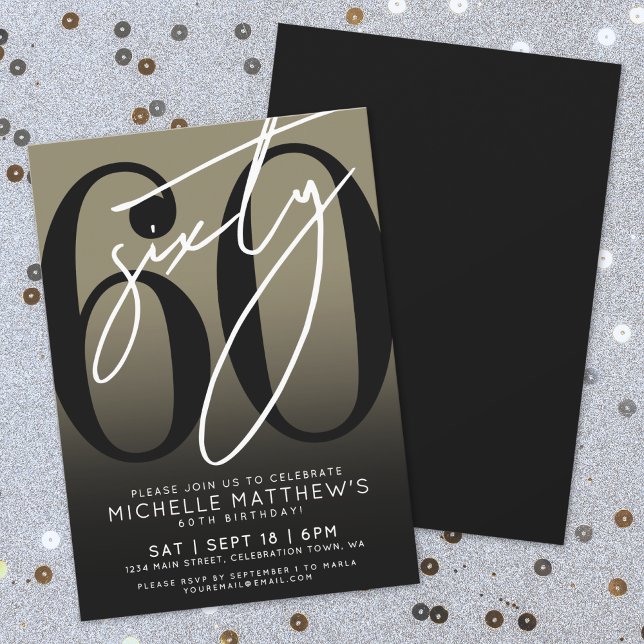 Invitación Fiesta de Cumpleaños 60 de Oro Negro Moderno (Modern Black Gold 60th Birthday Party Invitation)