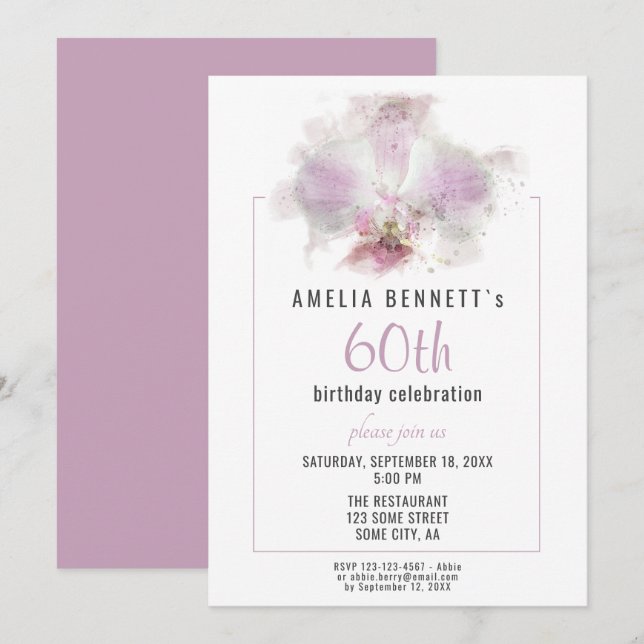 Invitación Fiesta de Cumpleaños 60 de Orquídea Floral Acuarel (Anverso / Reverso)