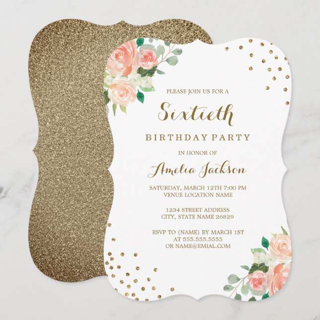 Invitación Fiesta de cumpleaños 60 de Peach Gold Floral Confe (Anverso / Reverso)