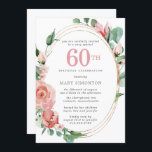 Invitación Fiesta de cumpleaños 60 de Pink Floral<br><div class="desc">Una suave rosa pastel crea un hermoso diseño floral en esta elegante invitación de cumpleaños número 60. Las rosas rojas están escondidas en hojas verdes profundas. Los rosas y las hojas decoran un marco dorado de varias cadenas de moda. 60 está escrito en un gran texto rojo. El resto del...</div>