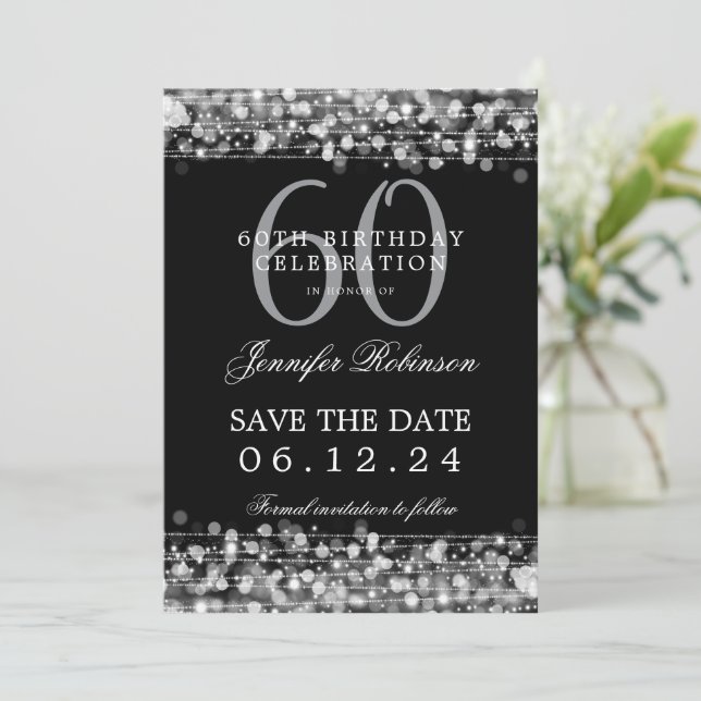 Invitación Fiesta de cumpleaños 60 de plata salva la fecha (Anverso de pie)