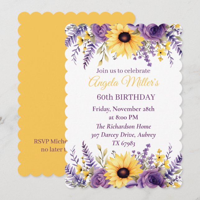 Invitación Fiesta de cumpleaños 60 de Purple floral (Anverso / Reverso)