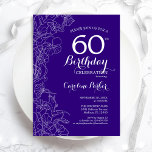 Invitación Fiesta de cumpleaños 60 de Purple Floral<br><div class="desc">Invitación a la fiesta de cumpleaños número 60 de Purple Floral. Diseño moderno minimalista con acentos de dibujos botánicos y tipo de letra de guión tipográfico. Sencilla carta de invitación a la moda, perfecta para una elegante celebración de cumpleaños femenina. Se puede personalizar a cualquier edad. Invitaciones Zazzle impresas o...</div>