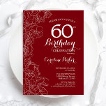 Invitación Fiesta de cumpleaños 60 de Red Floral<br><div class="desc">Invitación a la fiesta de cumpleaños número 60 de la Floral Blanca Roja. Diseño moderno minimalista con acentos botánicos de dibujo y tipo de letra de escritura tipográfica. Sencilla carta de invitación a la moda, perfecta para una elegante celebración de cumpleaños femenina. Se puede personalizar a cualquier edad. Invitaciones Zazzle...</div>