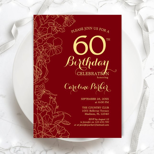 Invitación Fiesta de cumpleaños 60 de Red Gold Floral (Subido por el creador)