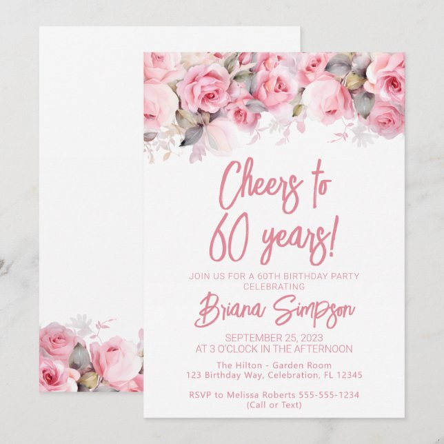 Invitación Fiesta de Cumpleaños 60 de Rosas Florales Rosadas (Anverso / Reverso)