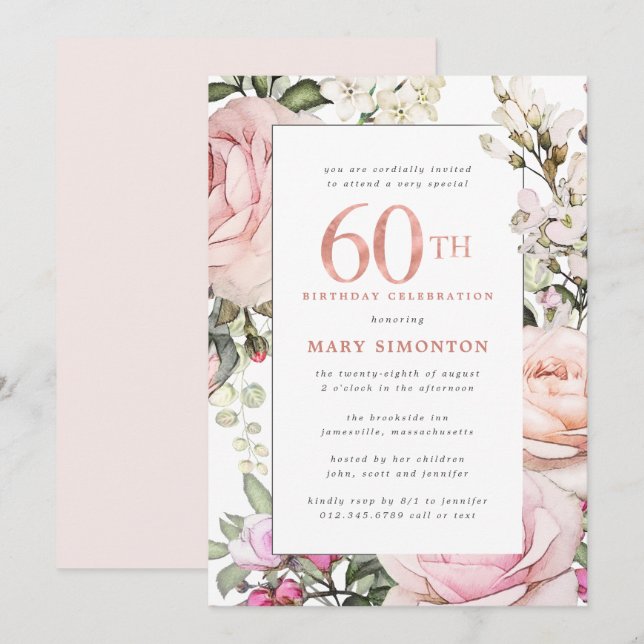 Invitación Fiesta de cumpleaños 60 de Rubor Pink Floral (Anverso / Reverso)