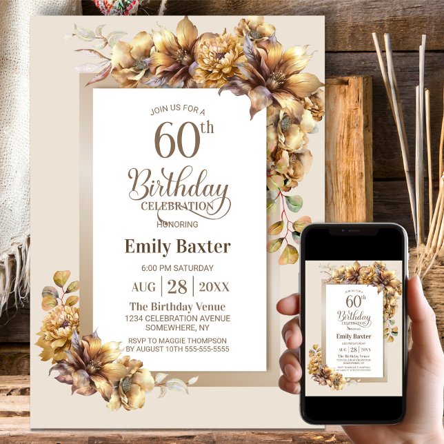 Invitación Fiesta de cumpleaños 60 de Rustic Floral (Subido por el creador)
