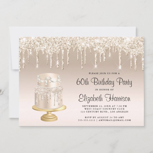 Invitación Fiesta de cumpleaños 60 del Pastel de Oro purpurin (Anverso)
