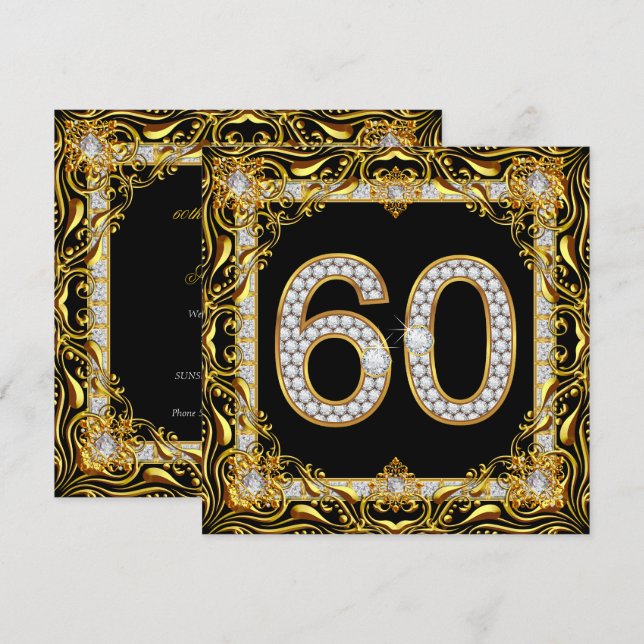 Invitación Fiesta de cumpleaños 60 diamantes de oro negro (Anverso / Reverso)