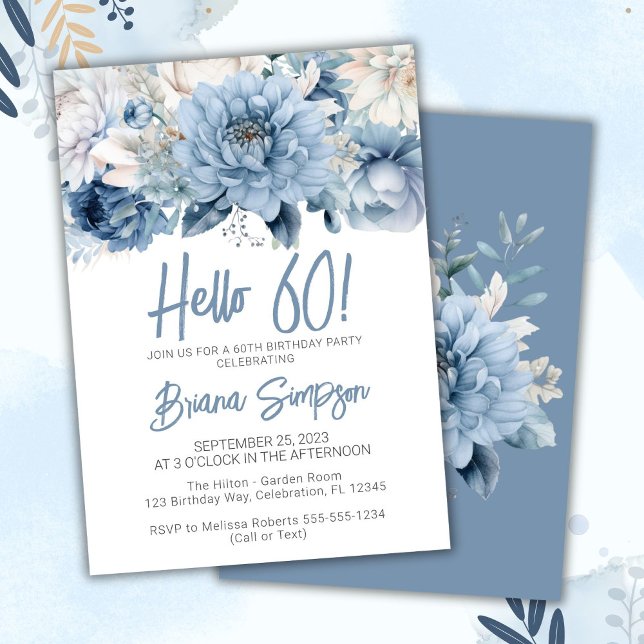 Invitación Fiesta de cumpleaños 60 Dusty Blue Floral (Subido por el creador)