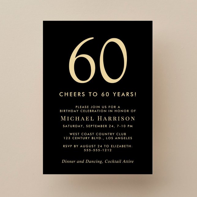 Invitación Fiesta de cumpleaños 60 elegante en negro y oro (Subido por el creador)