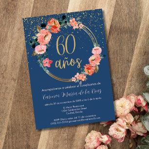 Invitación Fiesta de Cumpleaños 60 Elegante Floral Azul Españ