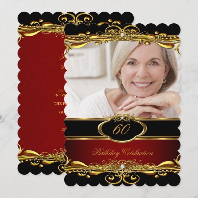 Invitación Fiesta de Cumpleaños 60 Elegante Granate Rojo Negr (Anverso / Reverso)