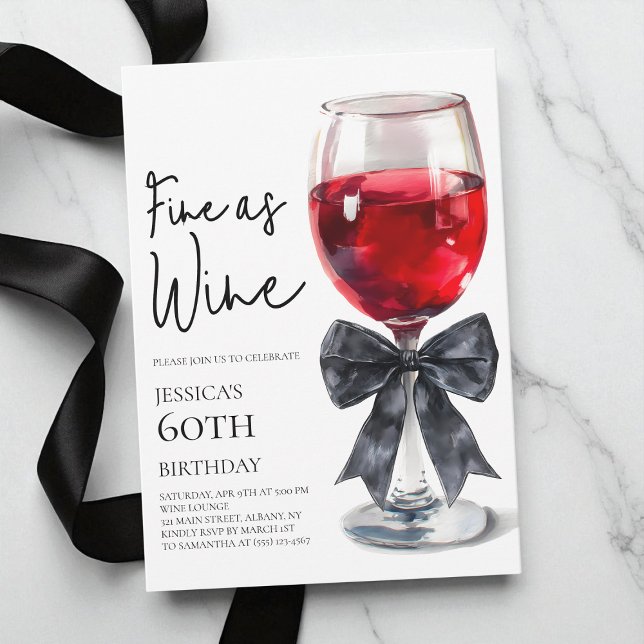 Invitación Fiesta de cumpleaños 60 elegante lazo negro fino c (Elegant Black Bow Fine as Wine 60th Birthday Party Invitation)