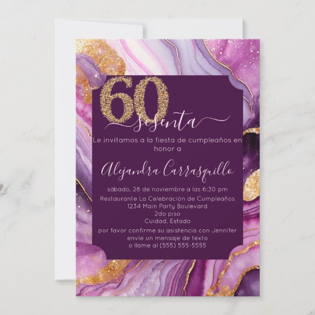 Invitación Fiesta de Cumpleaños 60 en Español Moderno Rosa Ág (Anverso)