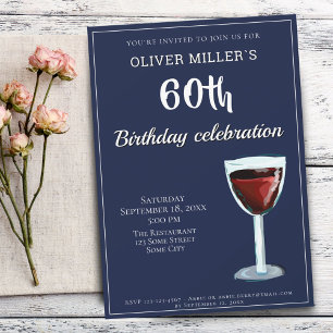Invitación Fiesta de cumpleaños 60 en vino tinto azul marino