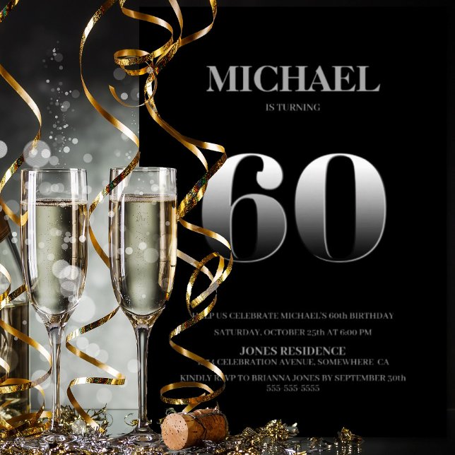 Invitación Fiesta de cumpleaños 60 entre negro y plata minima (Subido por el creador)