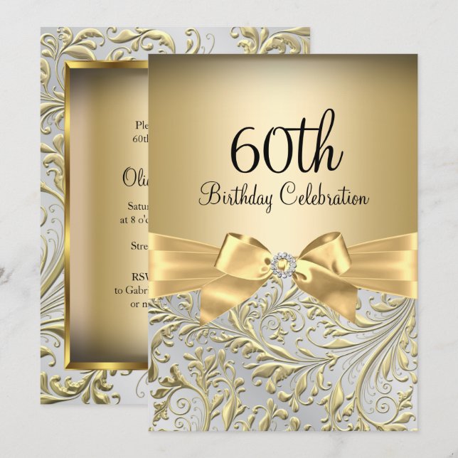 Invitación Fiesta de Cumpleaños 60 Gold Bow Floral Swirl (Anverso / Reverso)