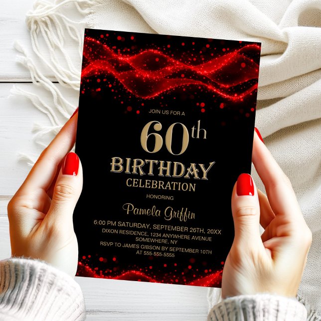 Invitación Fiesta de cumpleaños 60 moderna en negro y rojo (Subido por el creador)