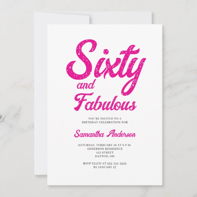 Invitación Fiesta de cumpleaños 60 moderna y fabulosa en rosa (Anverso)