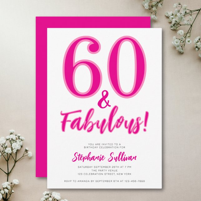 Invitación Fiesta de cumpleaños 60 moderna y fabulosa en rosa (Subido por el creador)
