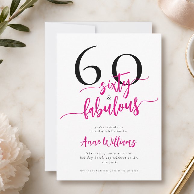 Invitación Fiesta de cumpleaños 60 moderna y fabulosa rosa (Subido por el creador)