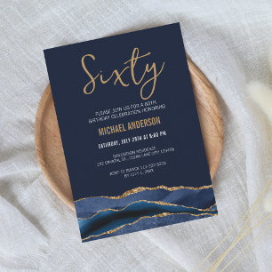 Invitación Fiesta de cumpleaños 60 Moderno Navy Azul Oro Ágat