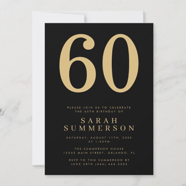 Invitación Fiesta de cumpleaños 60 Moderno Sesenta Negro Oro (Anverso)