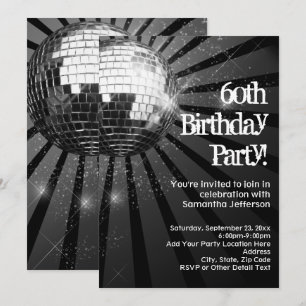 Invitación Fiesta de cumpleaños 60 negro bola de discoteca co