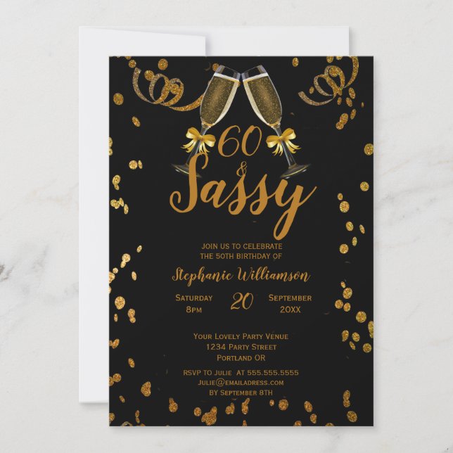 Invitación Fiesta de cumpleaños 60 negro | Champagne de oro f (Anverso)