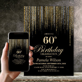 Invitación Fiesta de cumpleaños 60 negro con brillo dorado