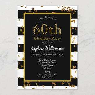 Invitación Fiesta de cumpleaños 60 negro y blanco   Brillo do