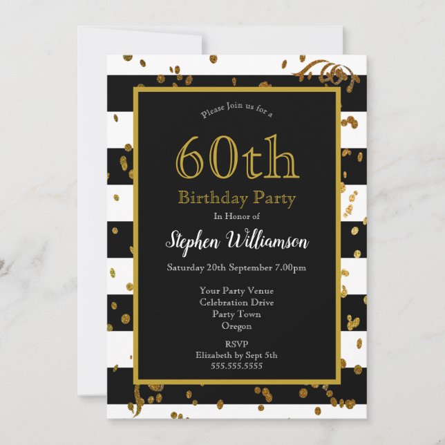 Invitación Fiesta de cumpleaños 60 | Negro y Blanco con Brill (Anverso)