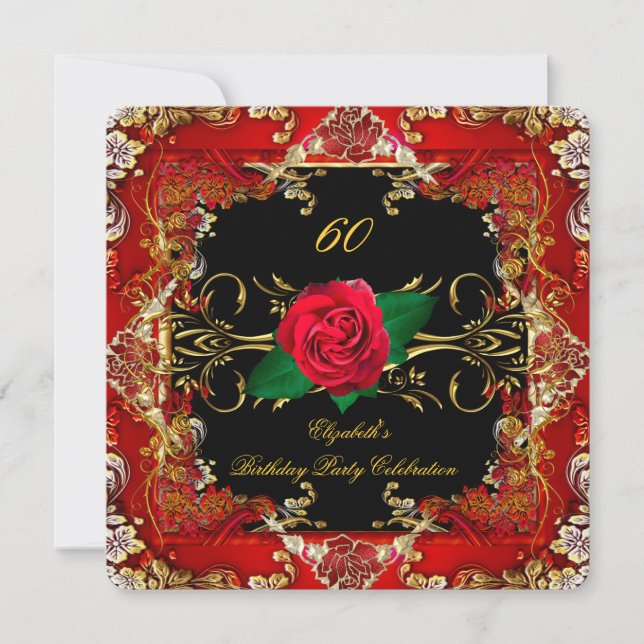 Invitación Fiesta de Cumpleaños 60 Ornate Gold Black Red Rose (Anverso)