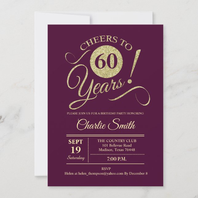 Invitación Fiesta de cumpleaños 60 - Oro de Borgoña (Anverso)