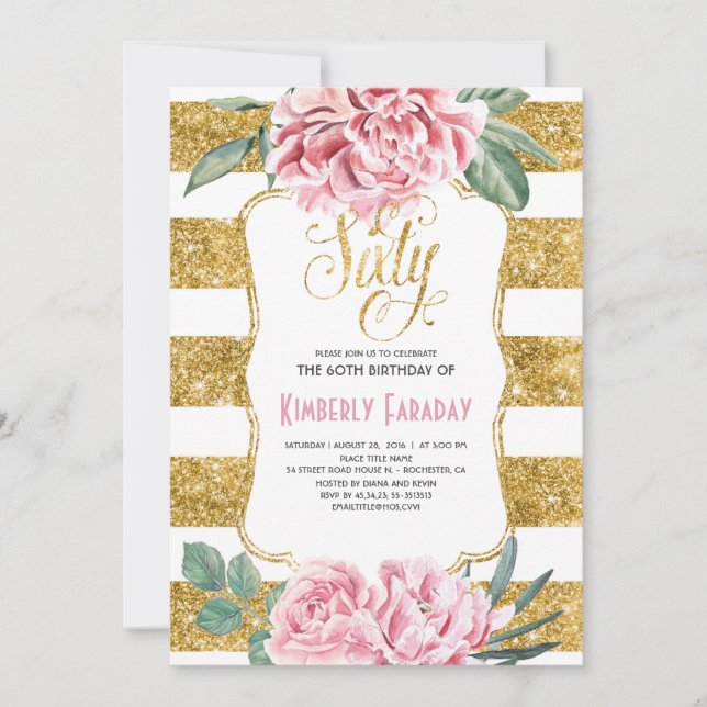 Invitación Fiesta de cumpleaños 60 - Oro floral - Glam (Anverso)