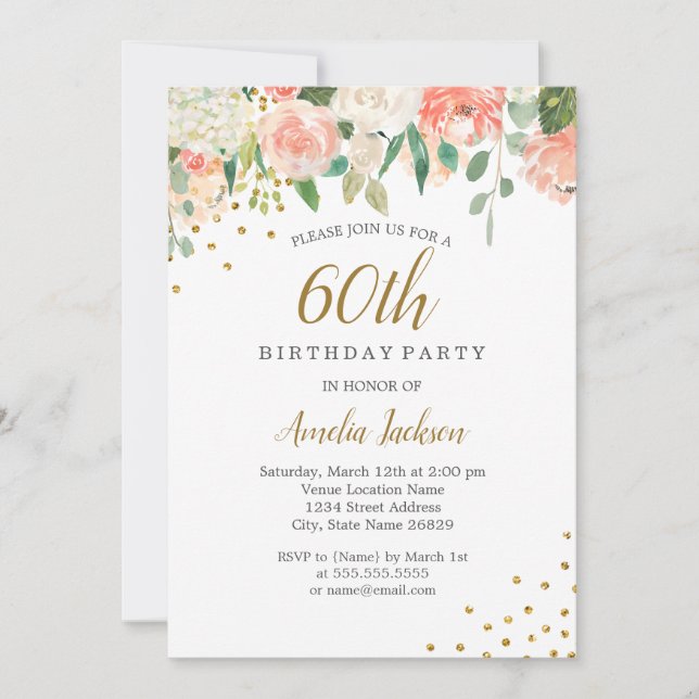 Invitación Fiesta de cumpleaños 60 Peach Gold Watercolor Flor (Anverso)