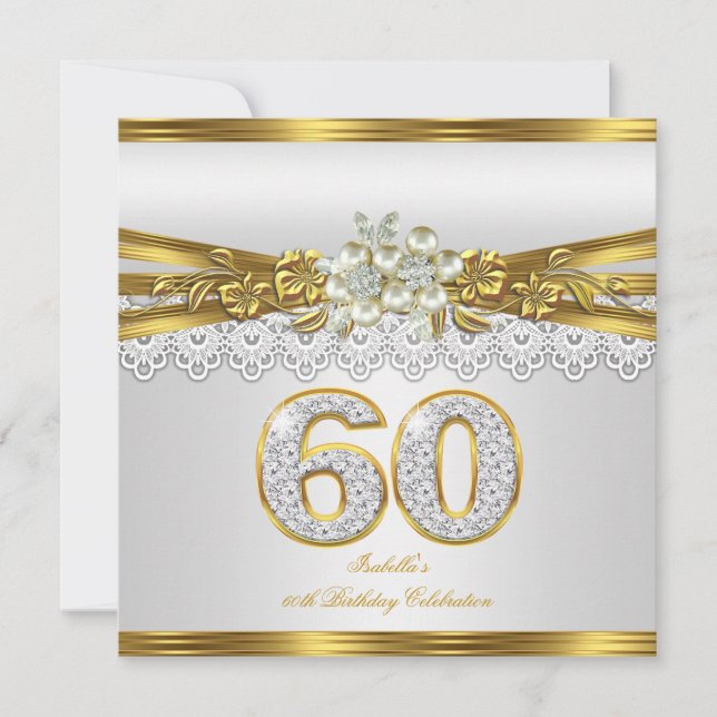 Invitación Fiesta de Cumpleaños 60 Perla Blanca Encaje Dorado (Anverso)